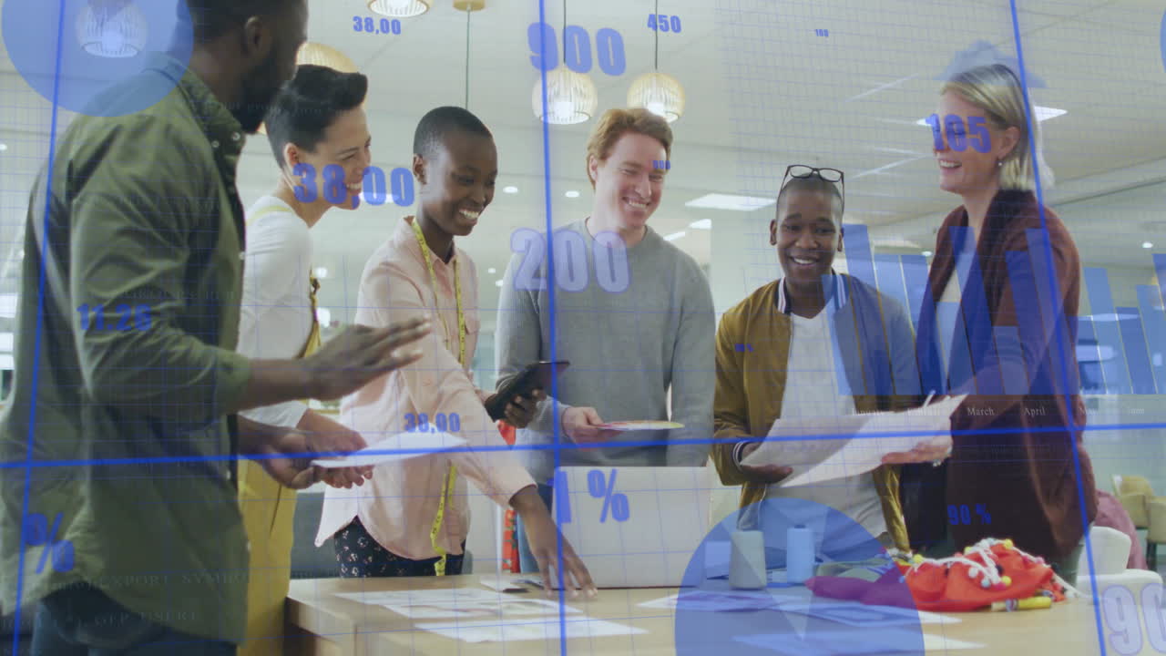 Diverse team collaborating at office with financial data animation overlay