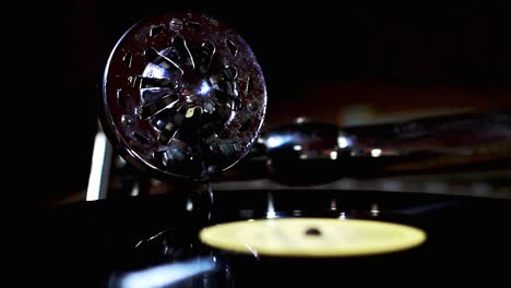 gramophone vintage with head turntable and twisting vinyl record