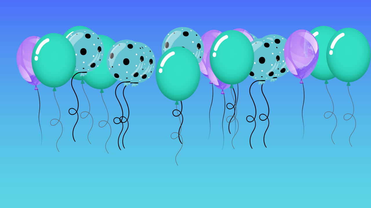 파란색 배경에  ⁇ 는 다채로운 풍선의 애니메이션