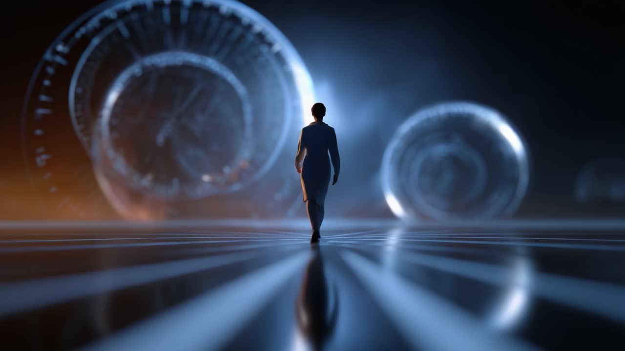 A solitary figure walks through a surreal landscape filled with glowing spheres and intricate patterns, evoking a sense of wonder and exploration in a futuristic setting