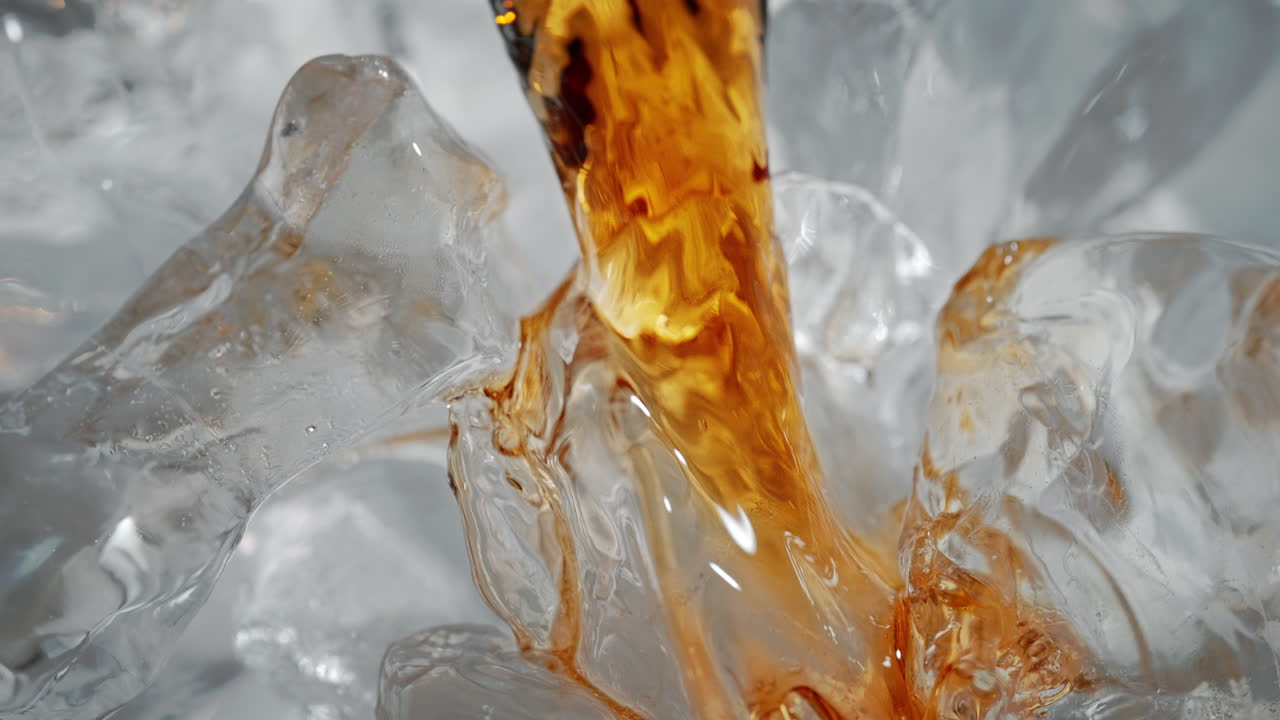 cola refrescante gaseosa vertiendo sobre cubos de hielo en macro y cámara lenta