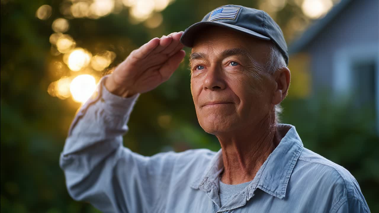 A tribute to service, this poignant moment captures an elderly man saluting, evoking feelings of respect and appreciation, with the warm hues of sunset enhancing the emotional atmosphere of the scene