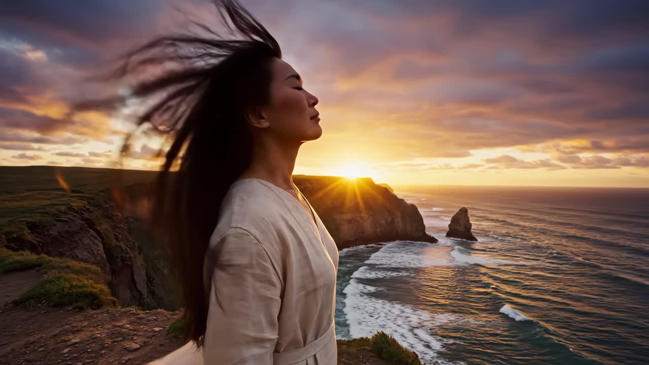 Woman on a Cliff at Sunset