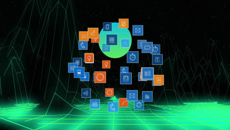 animation of network of connections with icons over metaverse background