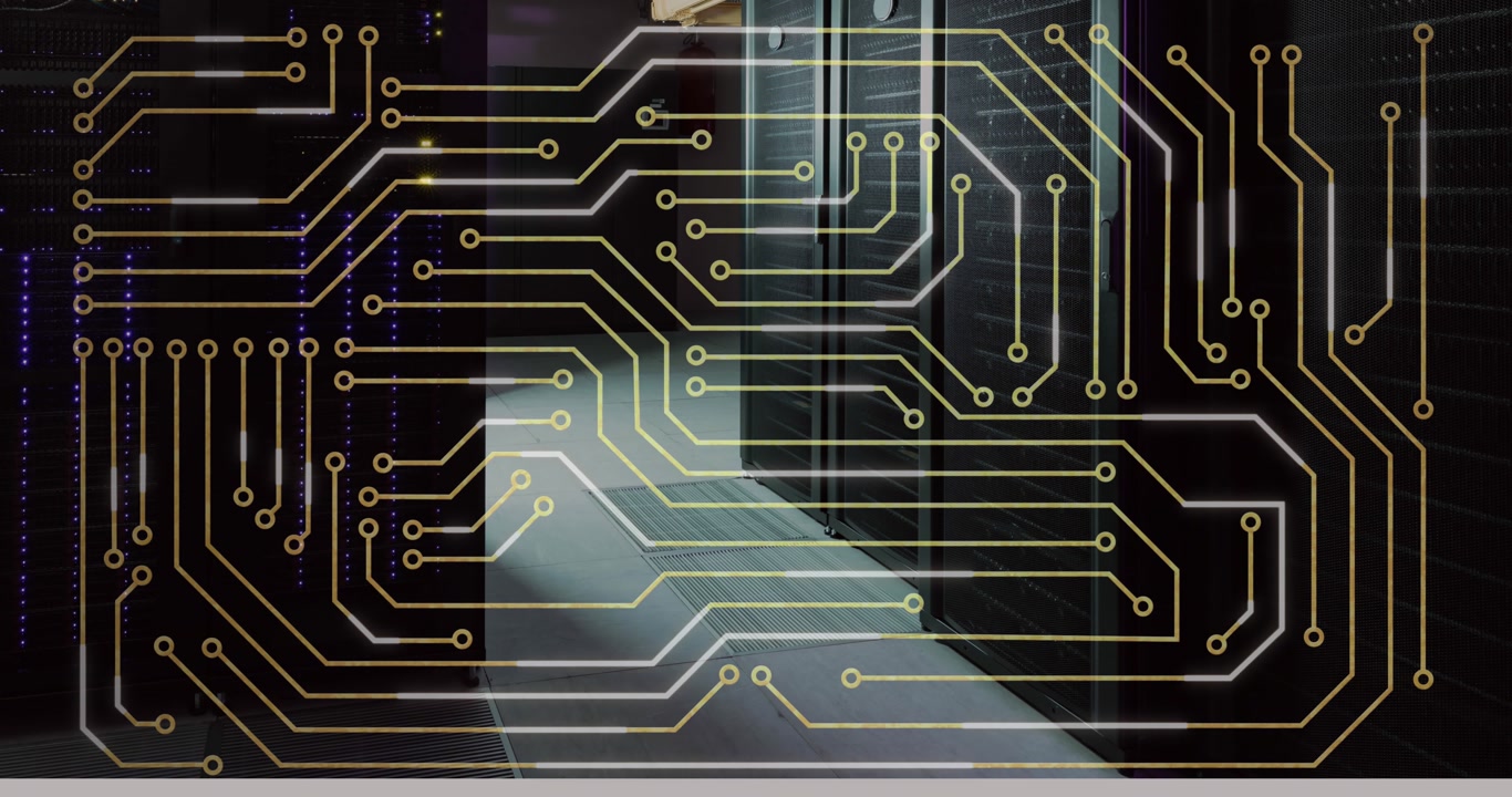 Animation of circuit board pattern against data server racks in server room