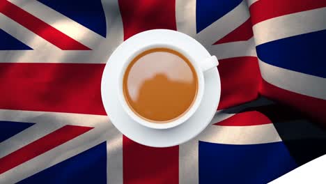 cup of tea with british flag waving in the background