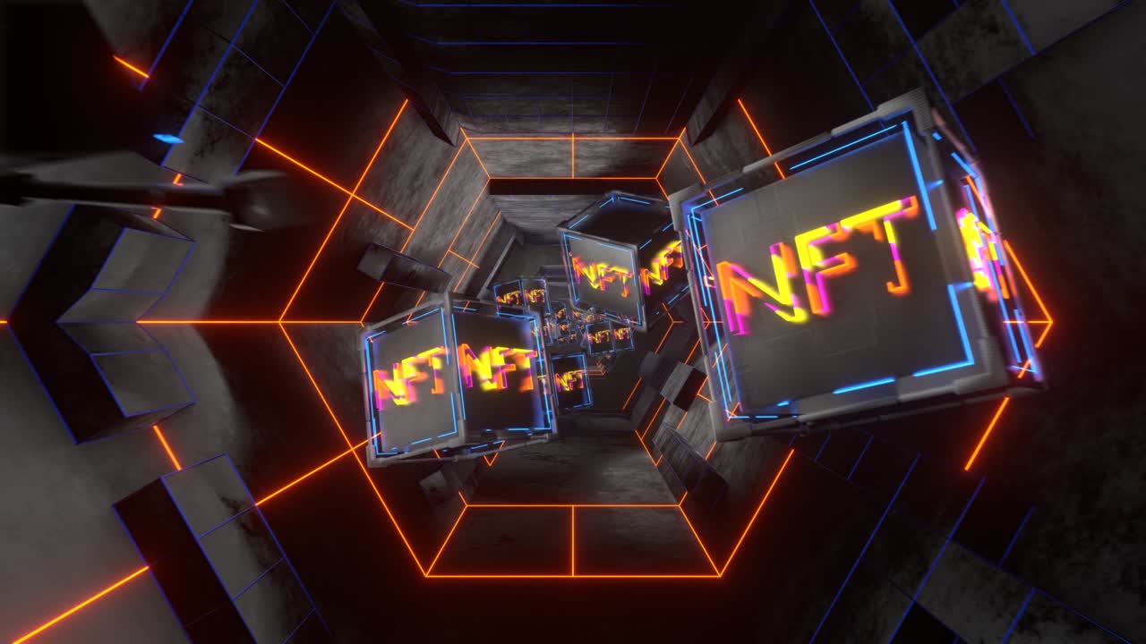 vuelo de las cámaras a través del corredor de la nave espacial con los bloques nft. animación sin costuras.