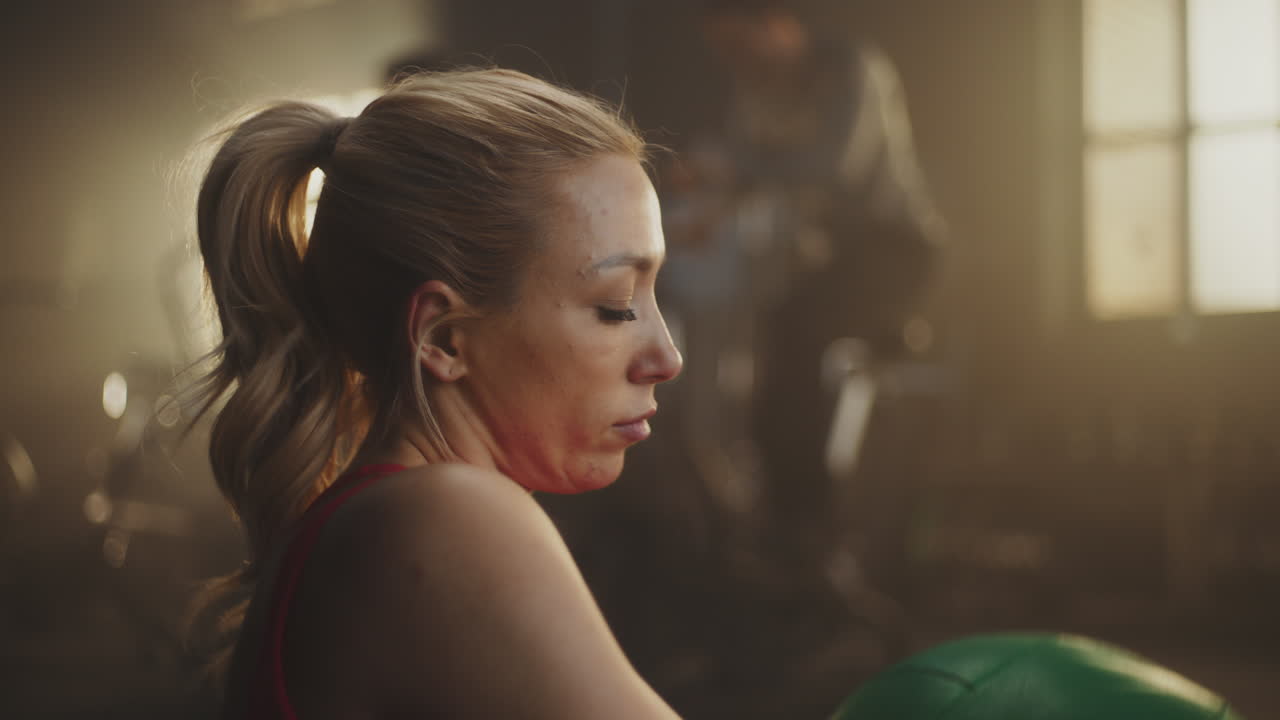 Woman doing core workout with exercise ball in a gym