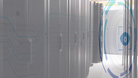 Animation-of-eye-retina-round-scanner-and-microprocessor-connections-against-computer-server-room