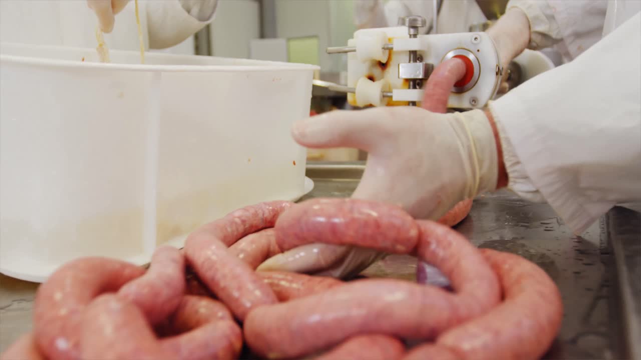 Butchers making sausage from mincer