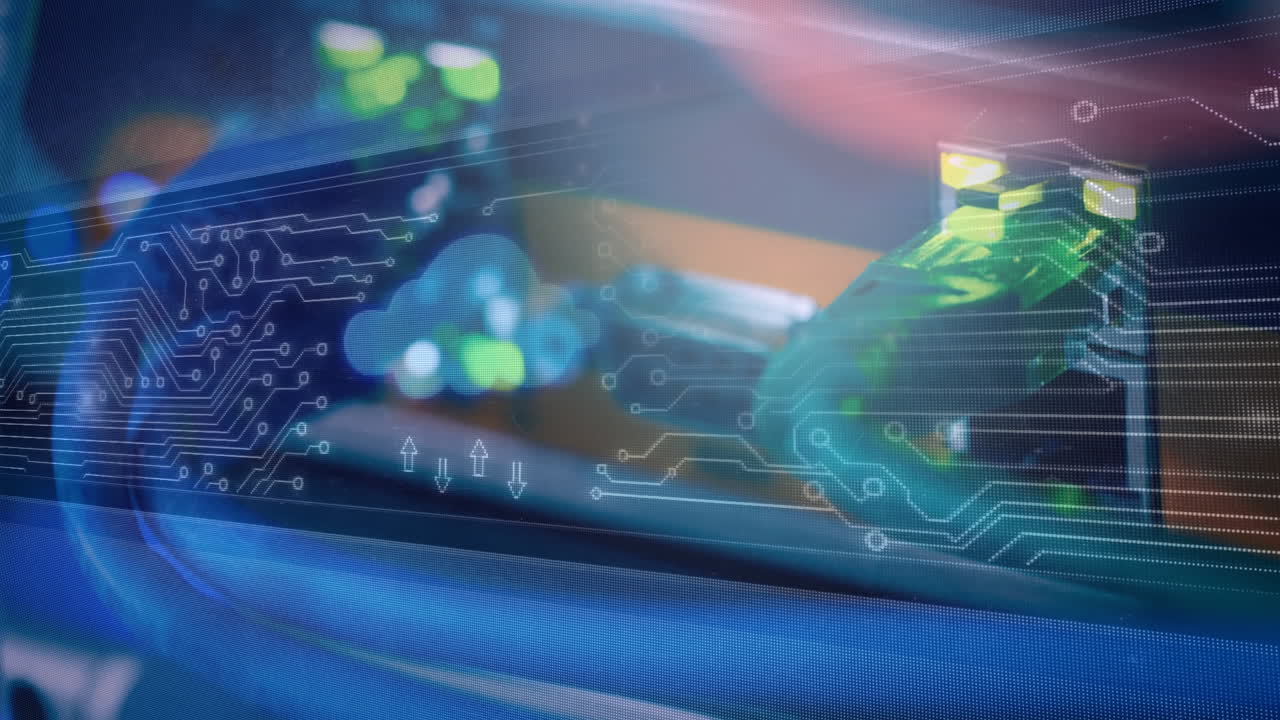 información hacia y desde una nube y un circuito informático con fondo de cables de servidor de computadoras