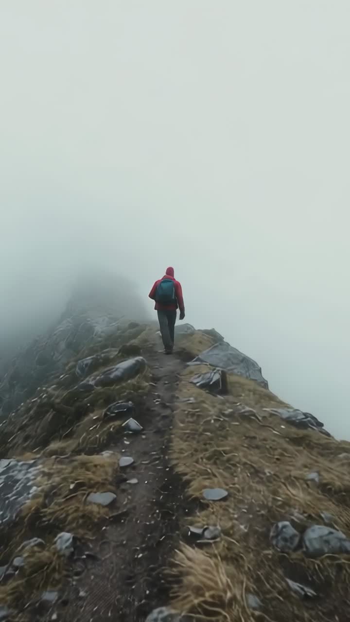Video verticale: escursionista a piedi con cappuccio rosso e pacchetto verde acqua che segue il sentiero di cresta mentre la nebbia si avvicina