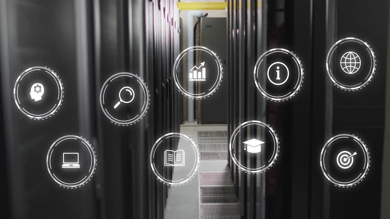 Animation of multiple digital icons against computer server room