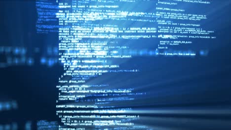 animation of data processing and binary coding on blue background