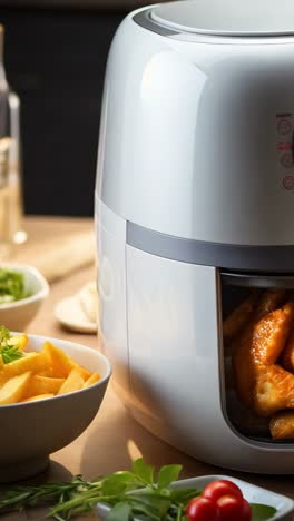 cooking delicious meals in an air fryer surrounded by fresh ingredients