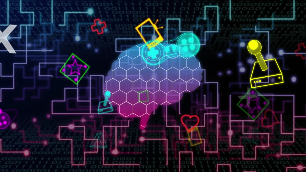 animación del cerebro digital humano, iconos de videojuegos y procesamiento de datos en una placa de circuitos.