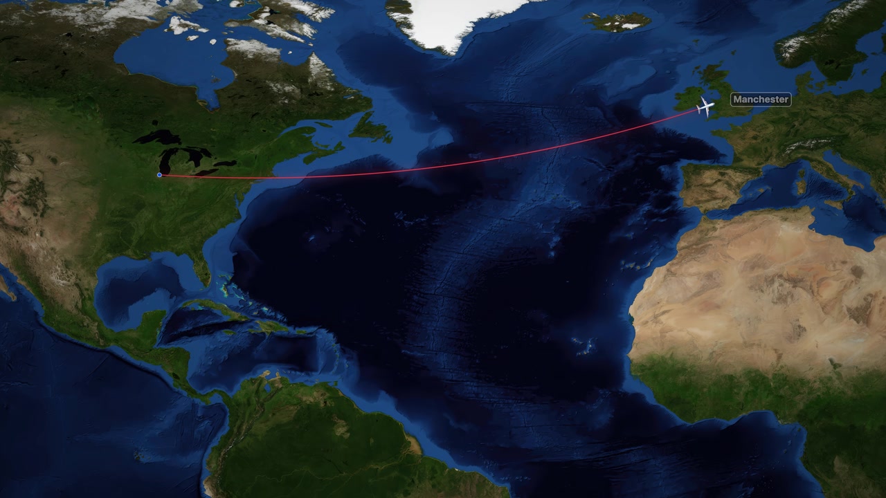 A digital airplane icon travels across the Atlantic Ocean from Chicago to Manchester on map