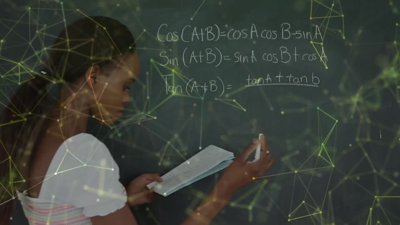 Animation of shapes over african american female teacher writing on board