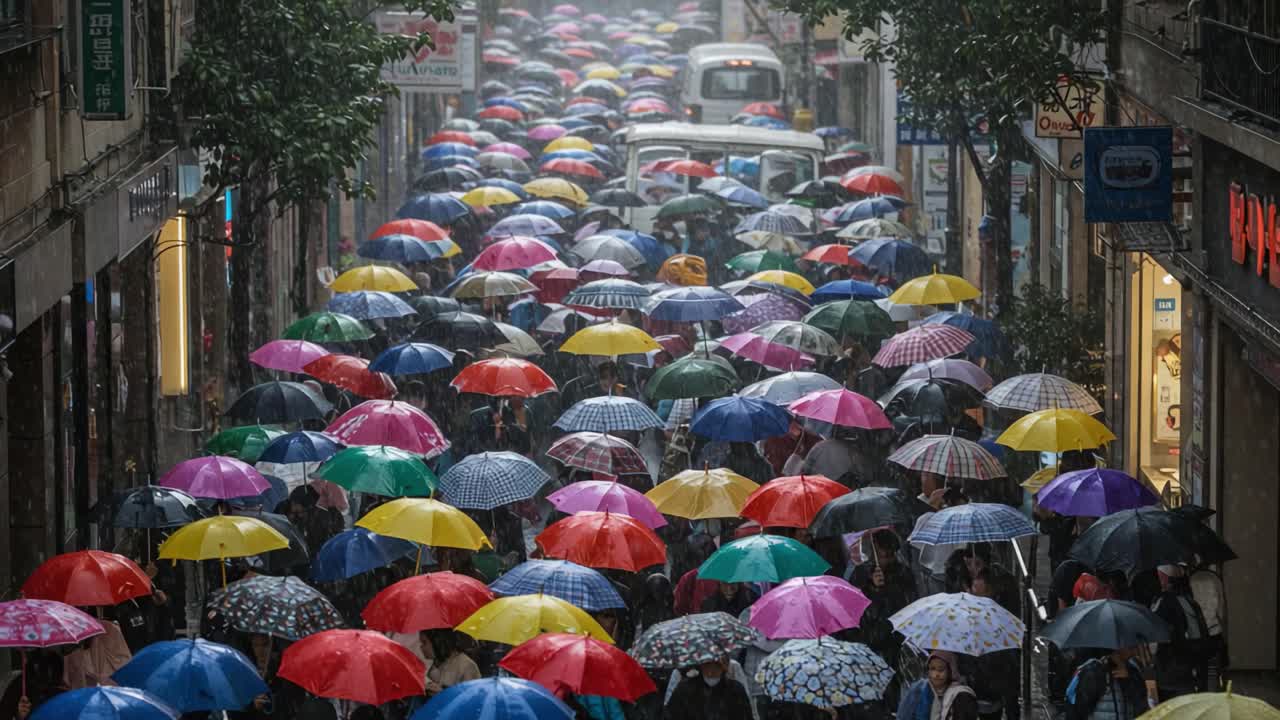 People with colorful umbrellas walking on a rainy city street