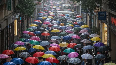 people with colorful umbrellas walking on a rainy city street