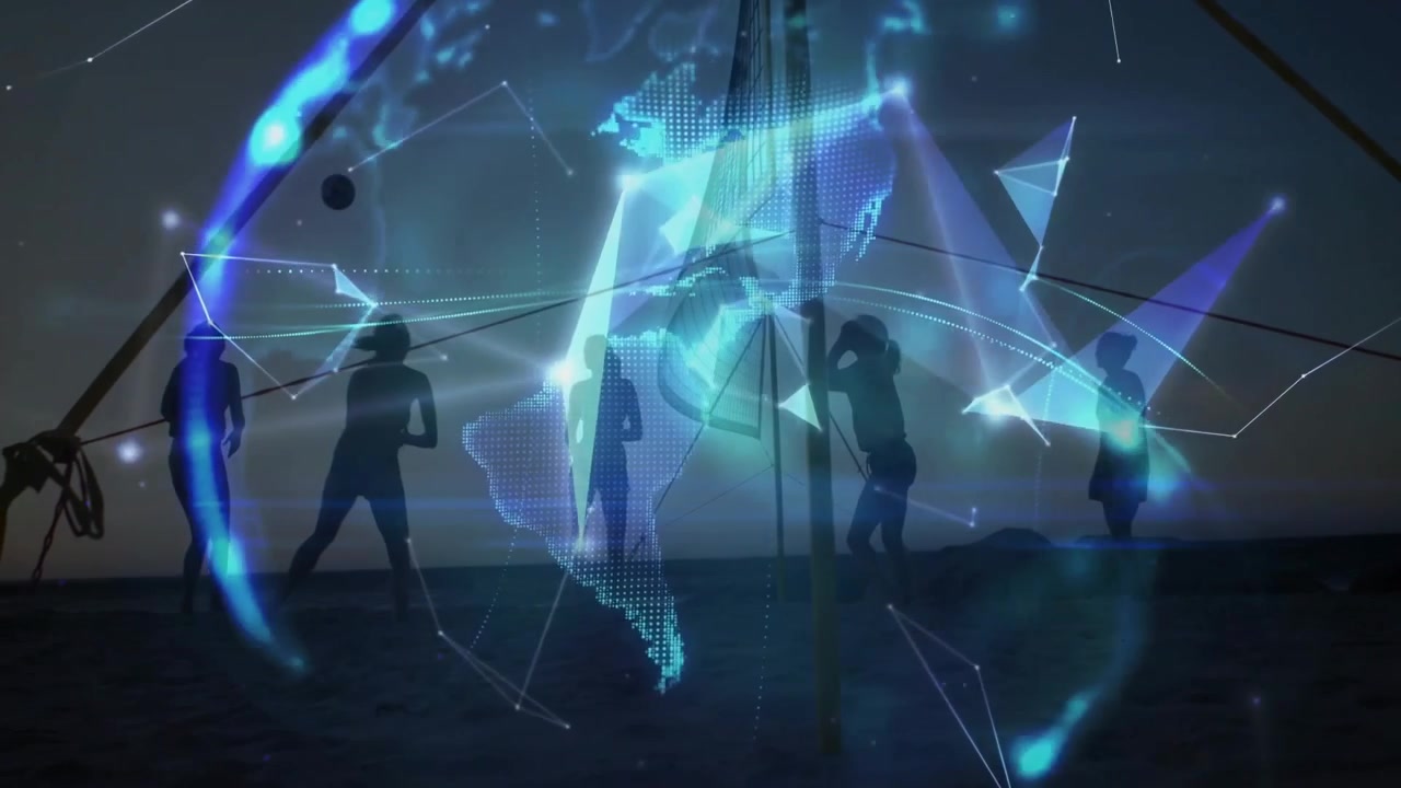 Female friends starting beach volleyball rally for fun generating tech mesh into rotating globe