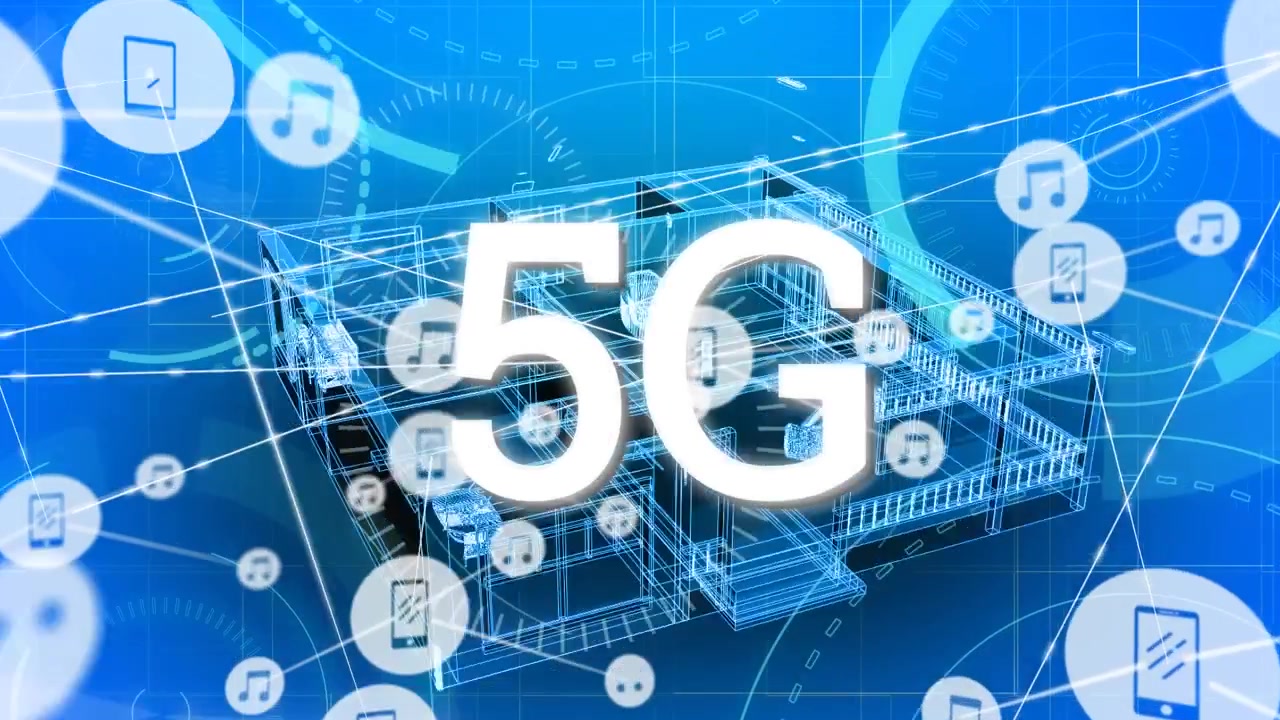 Animation af et netværk af forbindelser over 5G-tekst.