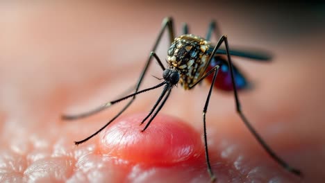 extreme close up of an asian tiger mosquito feeding on human skin, highlighting the insect's proboscis and the red bite area