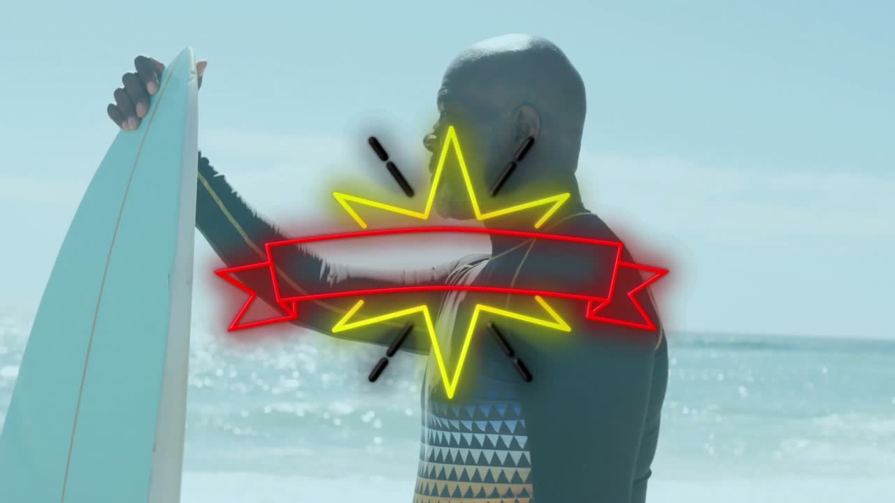 lievi onde che lambiscono, surfista che tiene la tavola e scansiona l'onda con icone tecnologiche animate