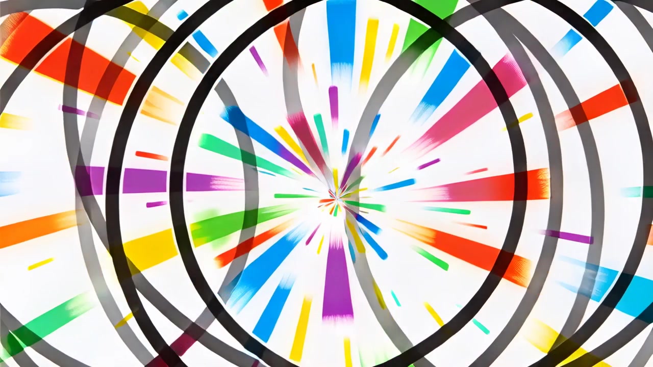 Des anneaux abstraits commencent à se déplacer vers l'intérieur sur une toile blanche, révélant un coin rouge et une explosion colorée