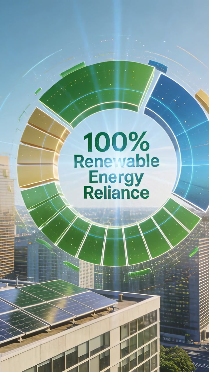 Vertical video: Sunlight hitting roof panels starting ring forming and showing 100% renewable