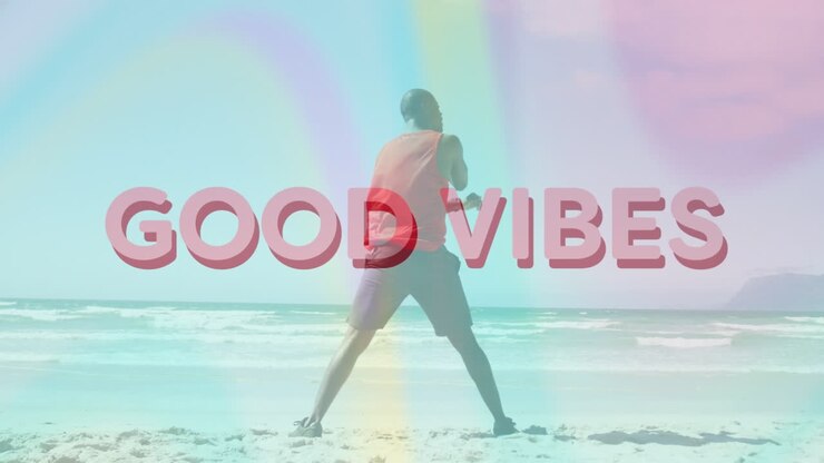 Animation of good vibes text over african american man exercising at beach