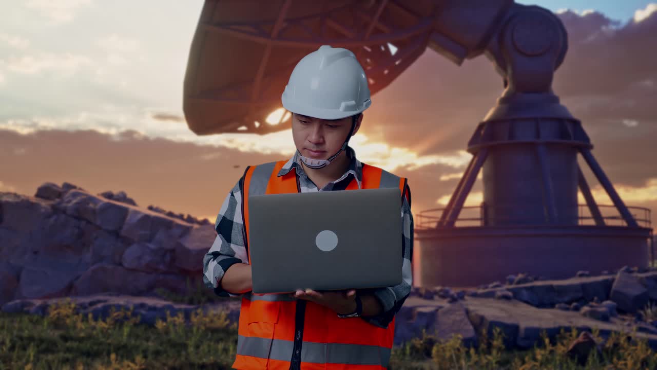 Asian Male Engineer With Safety Helmet Working On A Laptop And Looking Around While Standing With Large Satellite Dish