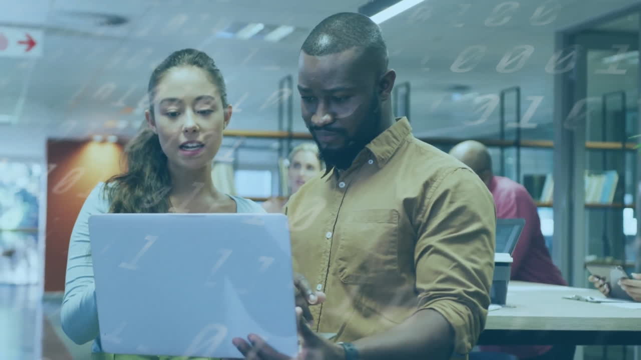 Animation of diverse businesspeople in office and binary coding