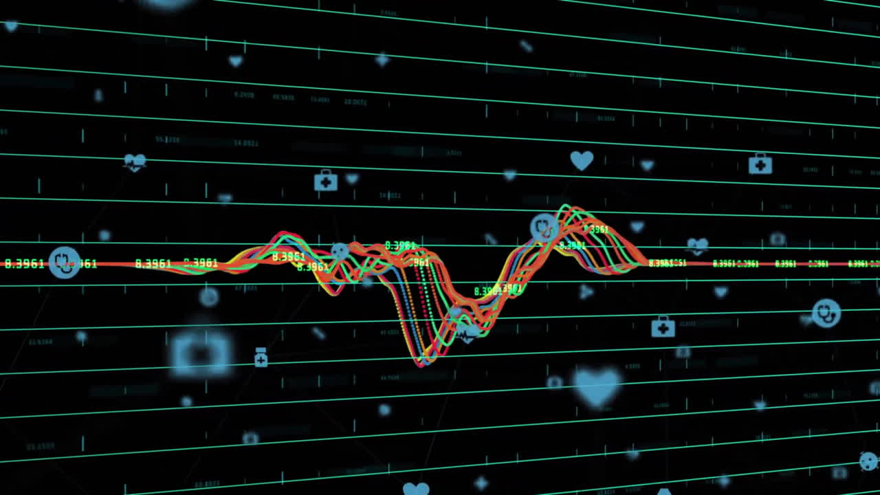 검은 바탕에 다채로운 그래프와 다양한 응용 프로그램 아이콘의 애니메이션