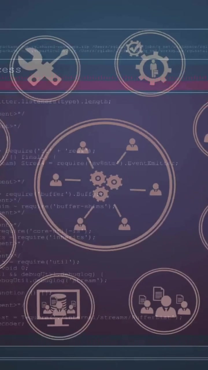 Animation of network of connections with business and media icons over data processing