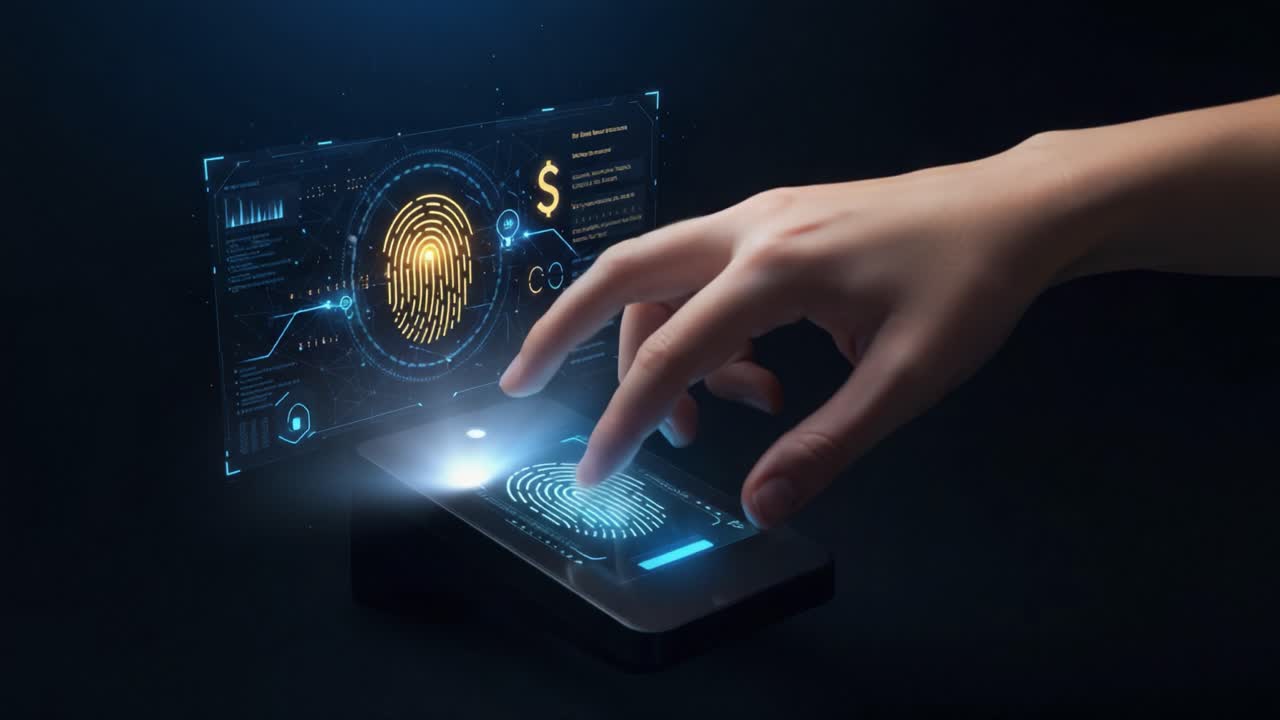 A Close-Up View of a Hand Engaging with a Smartphone's Advanced Fingerprint Scanner, Enhanced by Futuristic Data Visualizations and Authentication Features