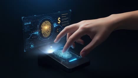 a close-up view of a hand engaging with a smartphone's advanced fingerprint scanner, enhanced by futuristic data visualizations and authentication features