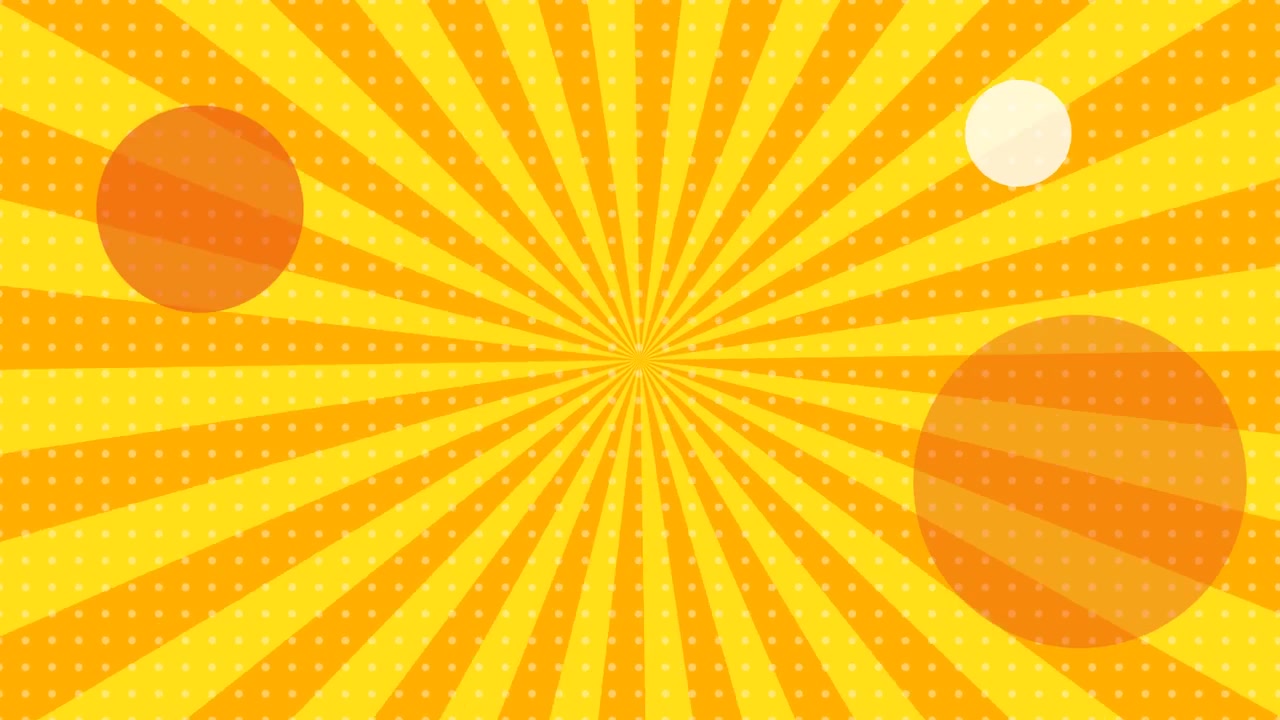 Animated Yellow Sunburst Background with Polka Dots and Floating Circles