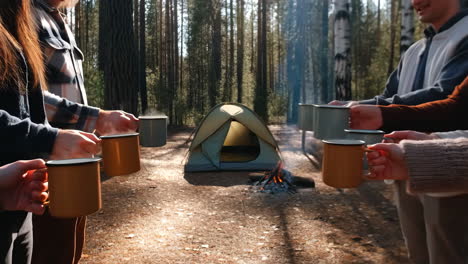 friends enjoying hot drinks around a campfire in the forest