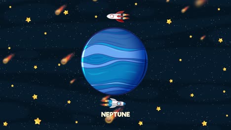 animated spacecraft orbit neptune amidst stars and meteors, showcasing dynamic movement and vibrant colors in a cosmic setting