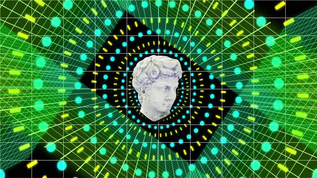 animación de la escultura de la cabeza con interferencia sobre formas coloridas sobre fondo negro.