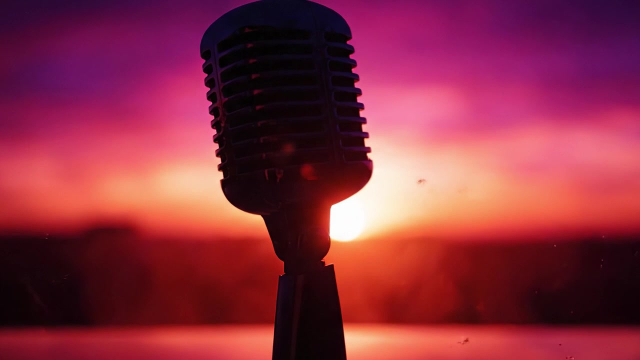 Un Microfono Vintage Sagomato Contro un Tramonto Vibrante: Le Melodie della Notte Attendono in un'Atmosfera Crepuscolare Accattivante