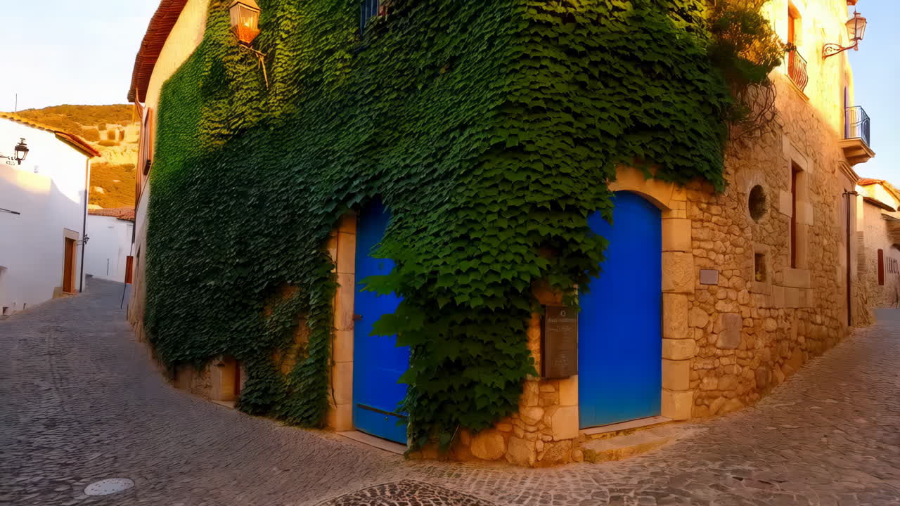 Ivy-Covered Building with Vibrant Blue Doors on a Cobblestone Street