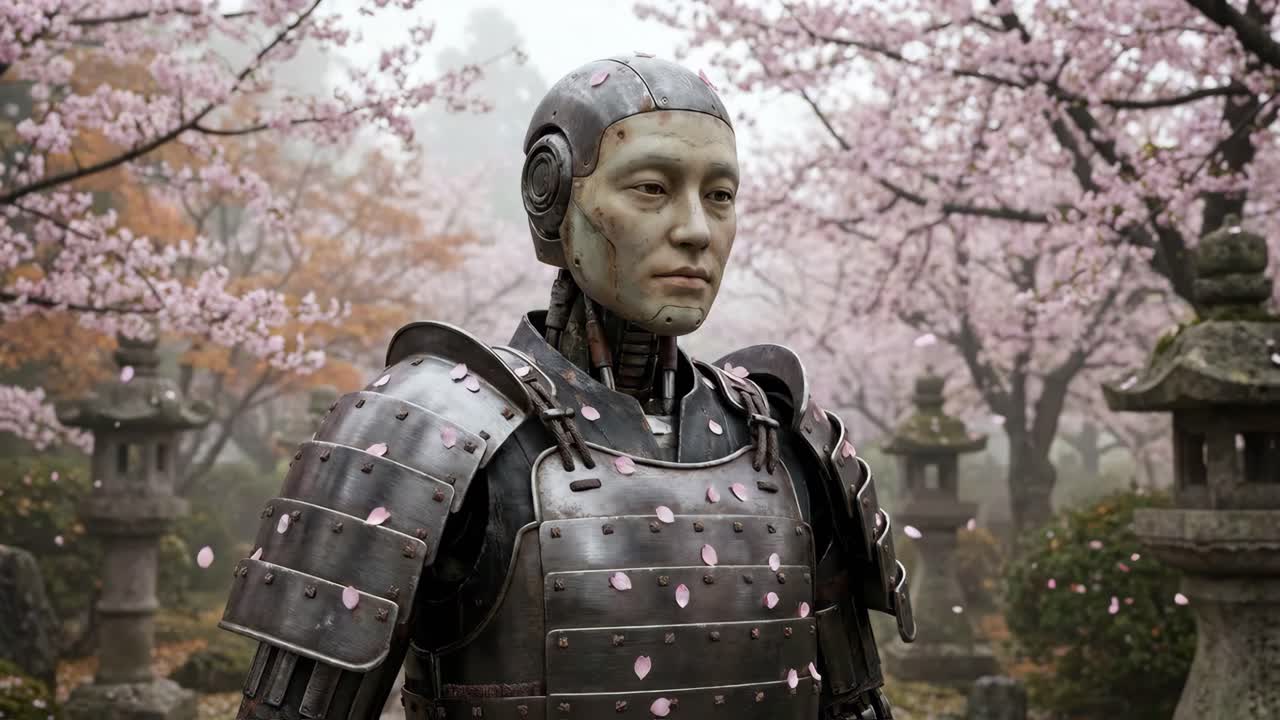 Robot Samurai in a Japanese Cherry Blossom Garden