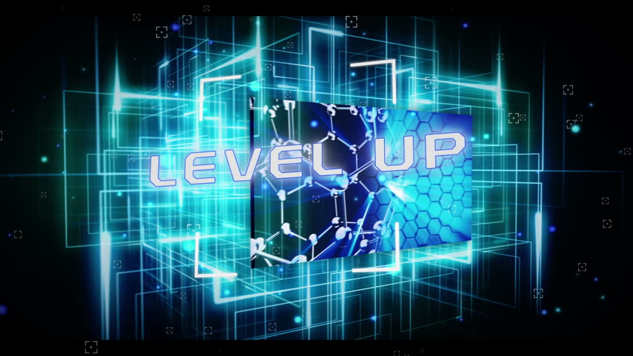 Animation of level up text and shapes over data processing