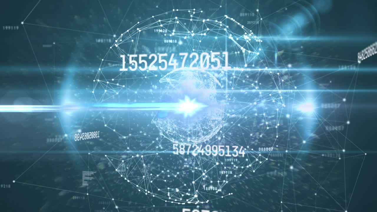 Animation of globe of network of connections with numbers and data processing