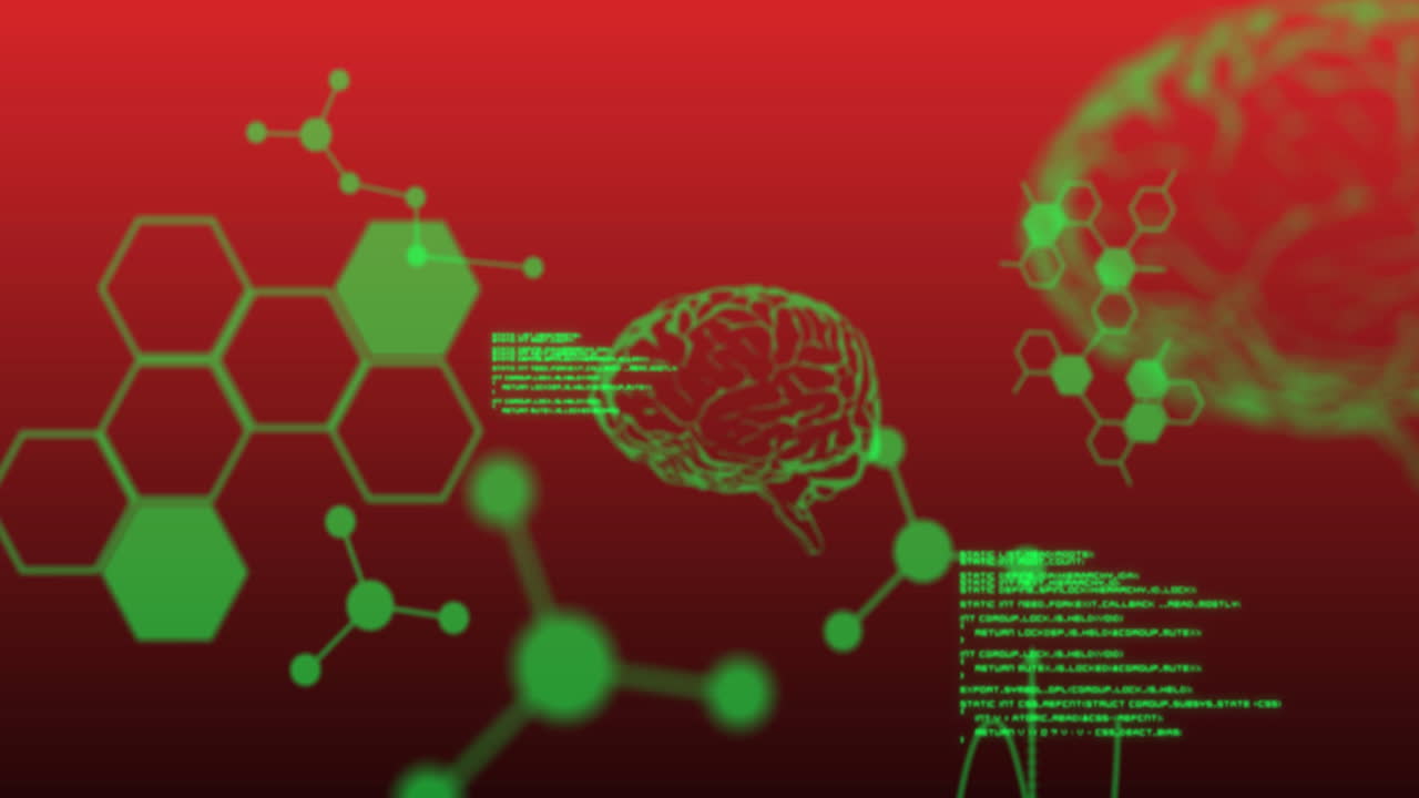 animación de procesamiento de datos científicos y cerebros humanos sobre fondo rojo