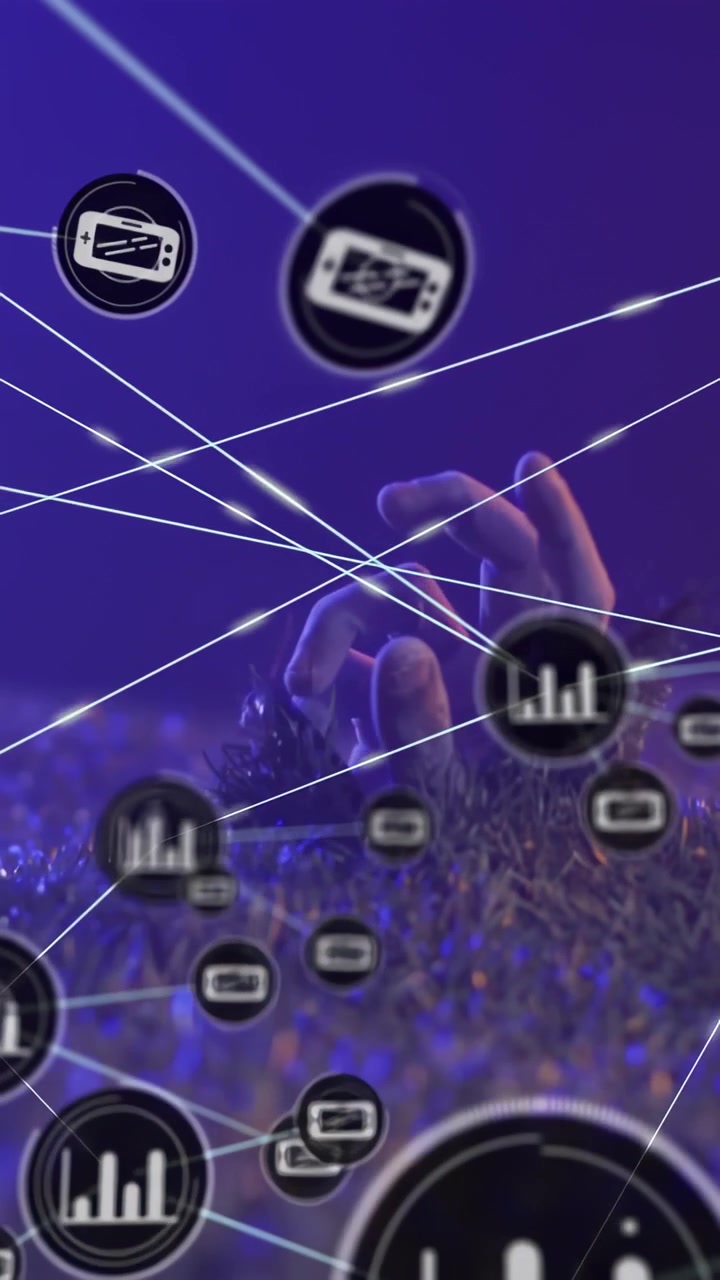Vertical video: Male arm rising from grass, HUD pulsing making node web, arm linking phones for IT