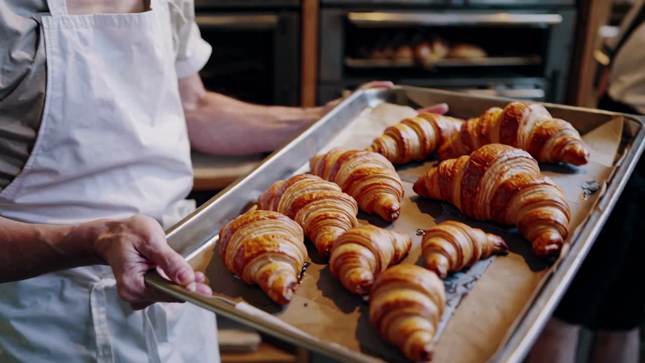 Warme Bäckereiszene mit rustikalen Regalen voller frischem Gebäck. Aufnahme aus einem niedrigen Winkel, perfekt