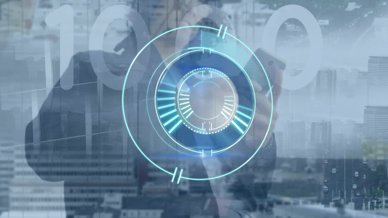 animación del círculo de procesamiento sobre un hombre biracial usando un teléfono inteligente